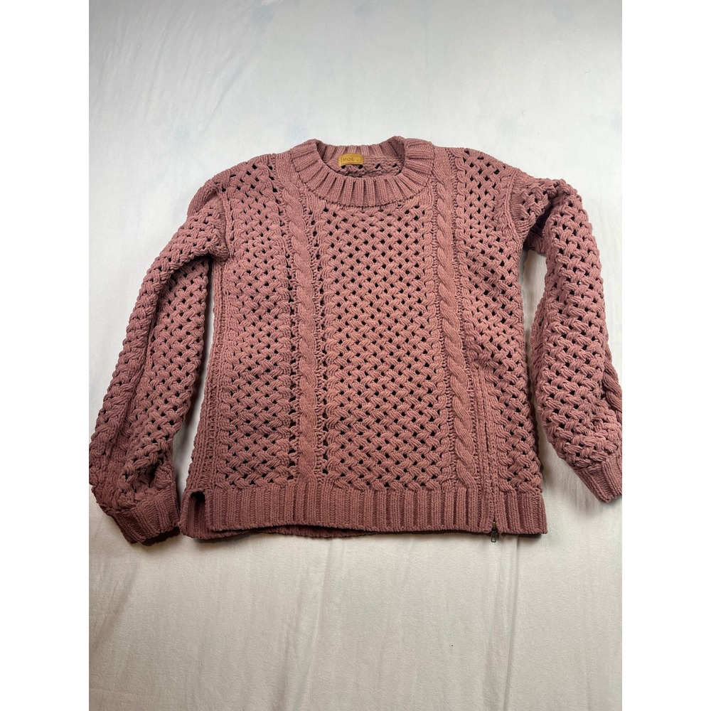 POL Womens Chenille Cable Knit Sweater Dusty Rose Side Zip Crochet Small